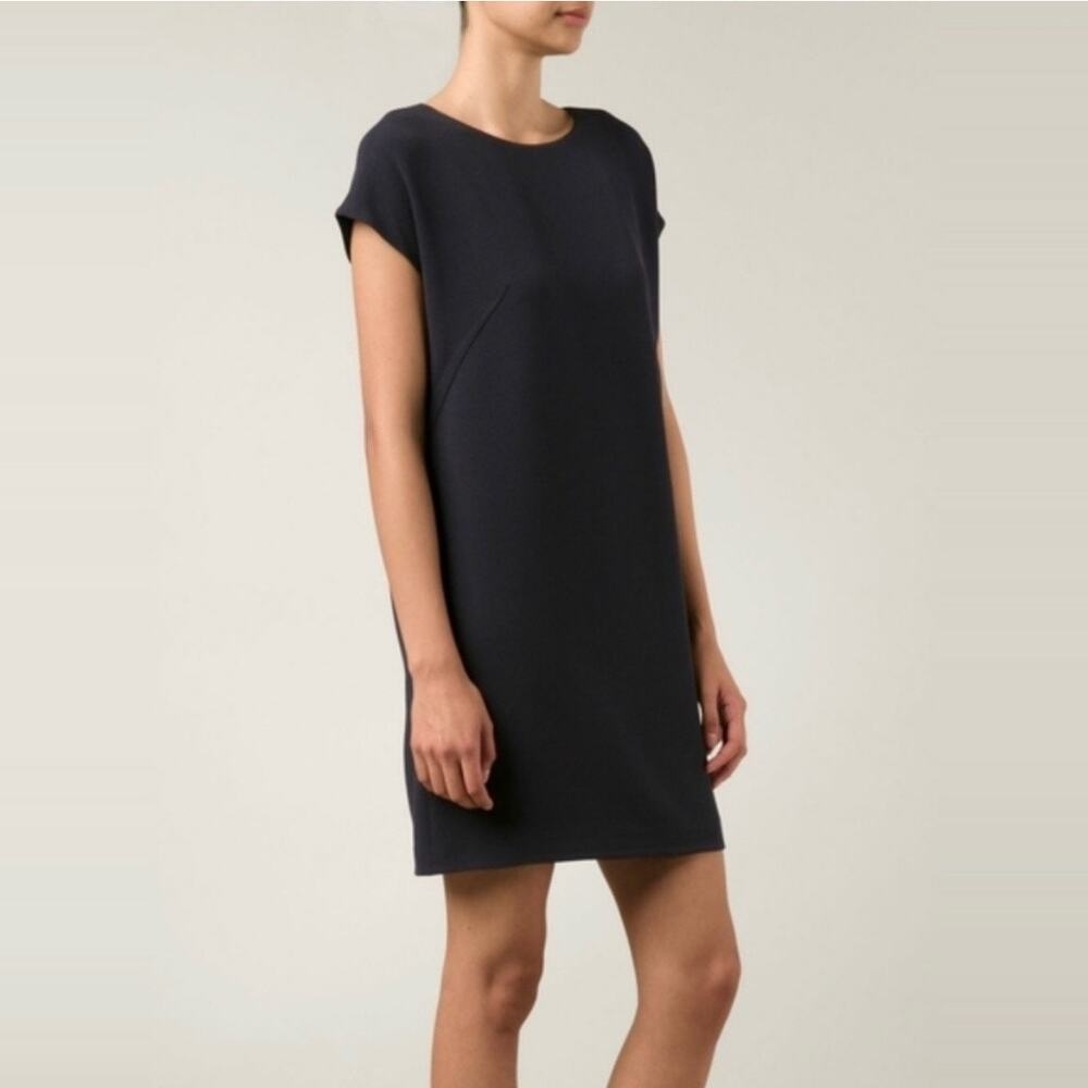 Vince Leather Piped Crepe Shift Mini Tunic Dress size Medium Charcoal Black - Picture 4 of 15